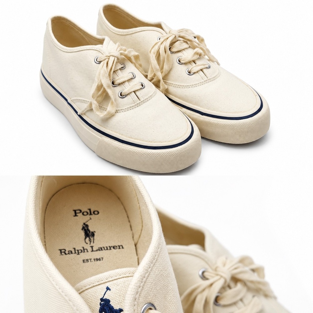 Vtg POLO Ralph Lauren Low-Top Canvas Deck Sneaker Womens Sz 7.5B Ivory Heel Logo